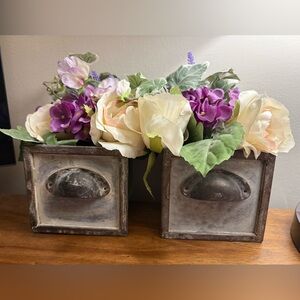 Rustic Metal Planter Boxes with Cream and Purple Floral Arrangement